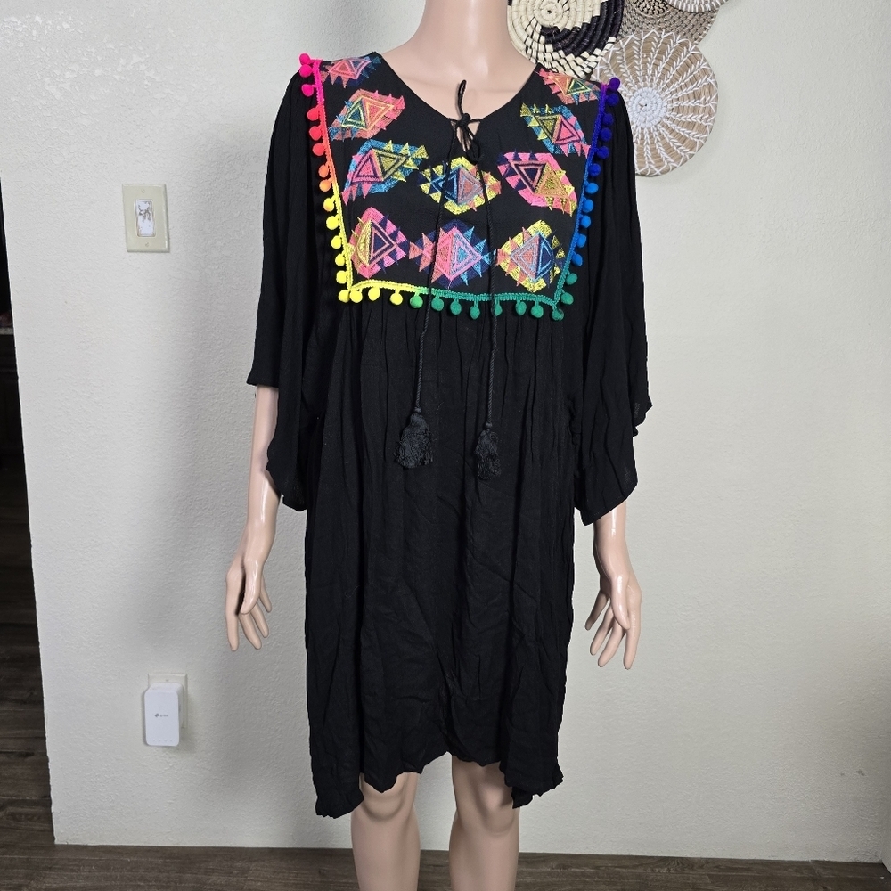NWT Black Velzera Long Sleeve Dress With Floral Embroidery Size One Size BOHO